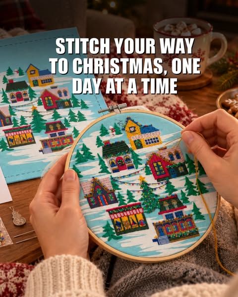 Uncommon Goods image Facebook ad: Embroidery Each Day Winter Village Advent Kit