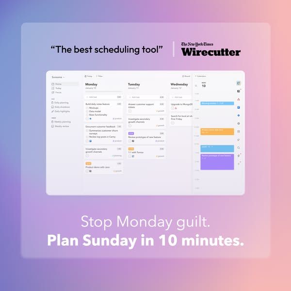 Sunsama image Facebook ad: Stop Monday guilt. Plan Sunday in 10 minutes.