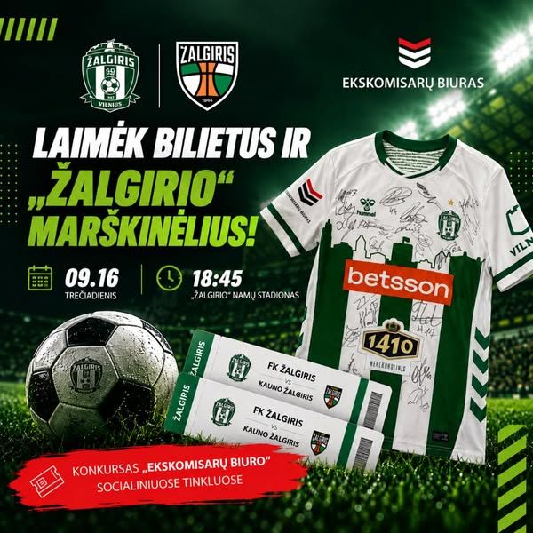 Ekskomisarų biuras image Facebook ad: Laimėkite FK Žalgiris Vilnius marškinėlius su žaidėjų parašais ir bilietus į rungtynes!⚽…