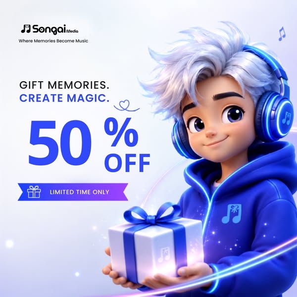 The Songai image Facebook ad: 50% OFF — Turn Your Memories Into Her Song