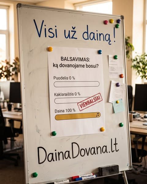 DainaDovana image Facebook ad: Puodelis 0 %. Kaklaraištis 0 %. Daina 100 %. 🗳️ Kasmet ta pati diskusija: ką dovanojam…