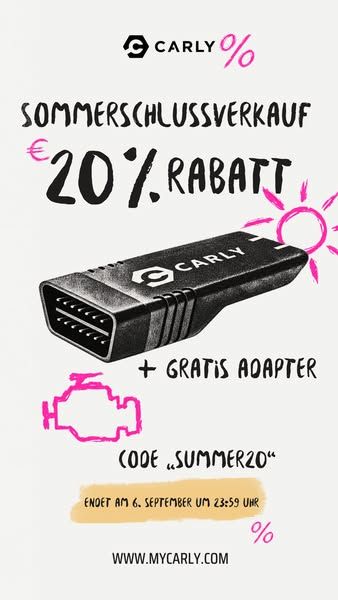 Carly - Connected Car image Facebook ad: ☀️ SOMMERSCHLUSS: 20 % RABATT + GRATIS ADAPTER ☀️