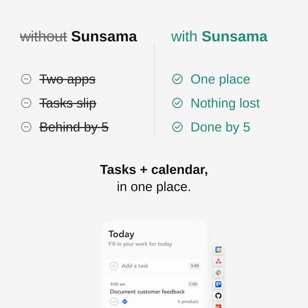 Sunsama image Facebook ad: Tasks + calendar, in one place